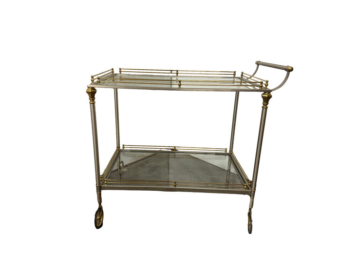 Mixed Metal Glasstop Roller Beverage Cart in the Manner of Maison Jansen