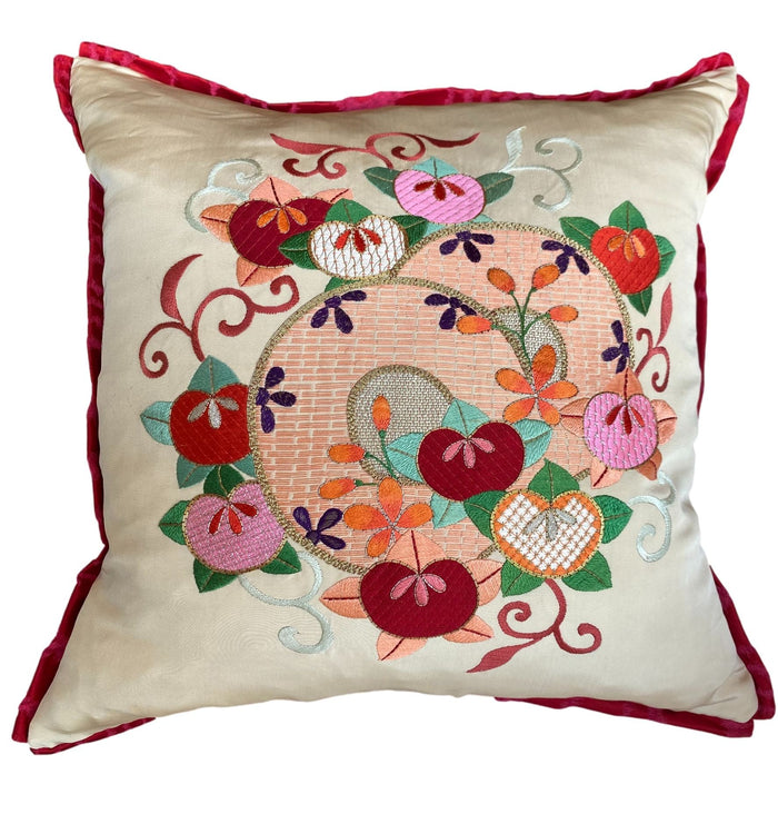 Vintage Embroidered Floral Berry Throw Pillow