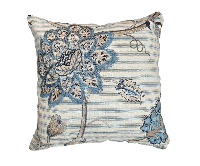 Blue Botanical Embroidered Pillow