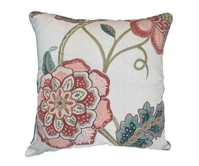 Pink & Blue Floral Embroidered Throw Pillow