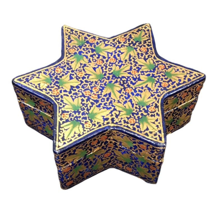 Blue, Green, and Gold Hand-Painted Star-Shaped Lacquer Box