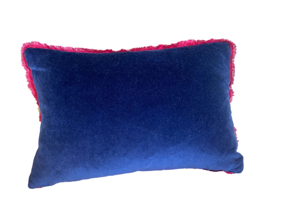 Pink Floral Jacquard & Blue Velvet Pillow