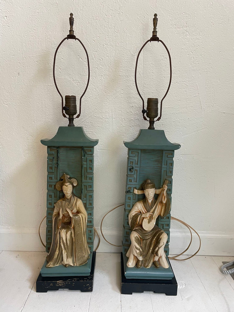 Pair of Golden Asian Figurine Lamps
