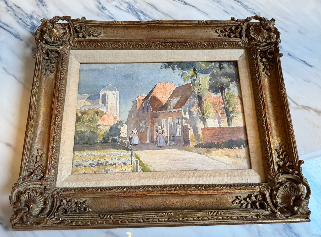 Framed Original Watercolor Painting of Dutch Village by Florence Vincent Robinson c. 1915