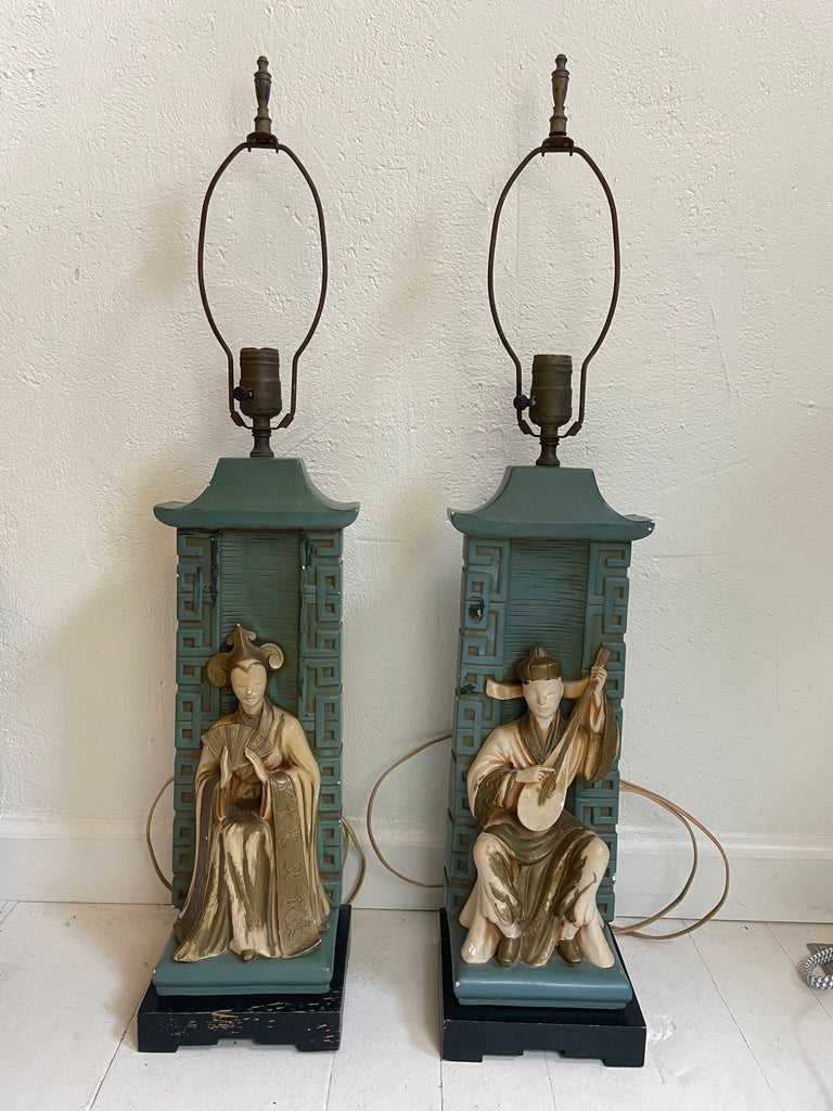 Pair of Golden Asian Figurine Lamps