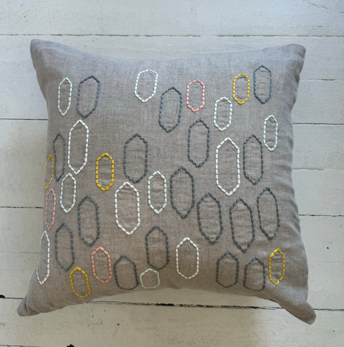 Throw Pillow with Embroidered Oblong Hexagons