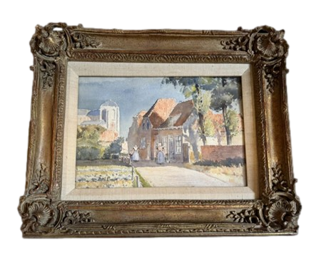 Framed Original Watercolor Painting of Dutch Village by Florence Vincent Robinson c. 1915