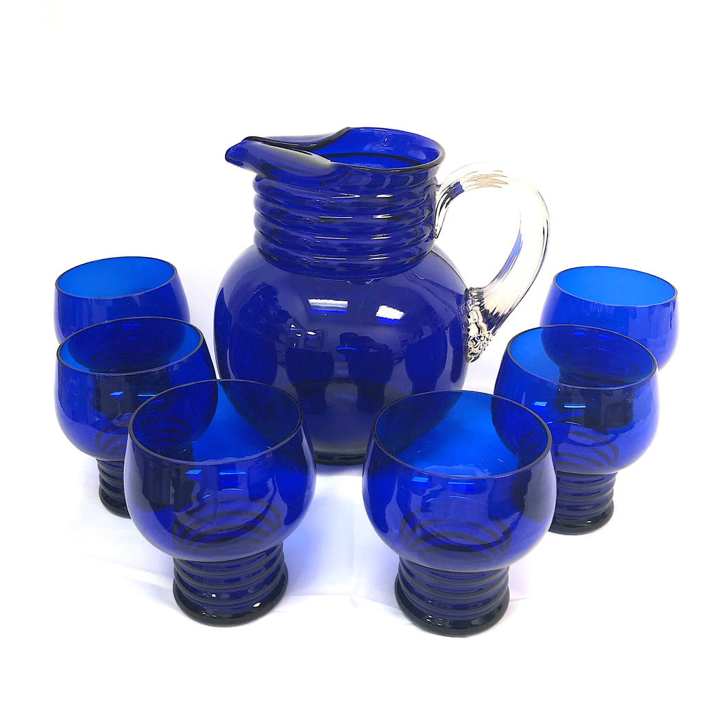 Cobalt Blue Morgantown Pitcher with five glass — Antique